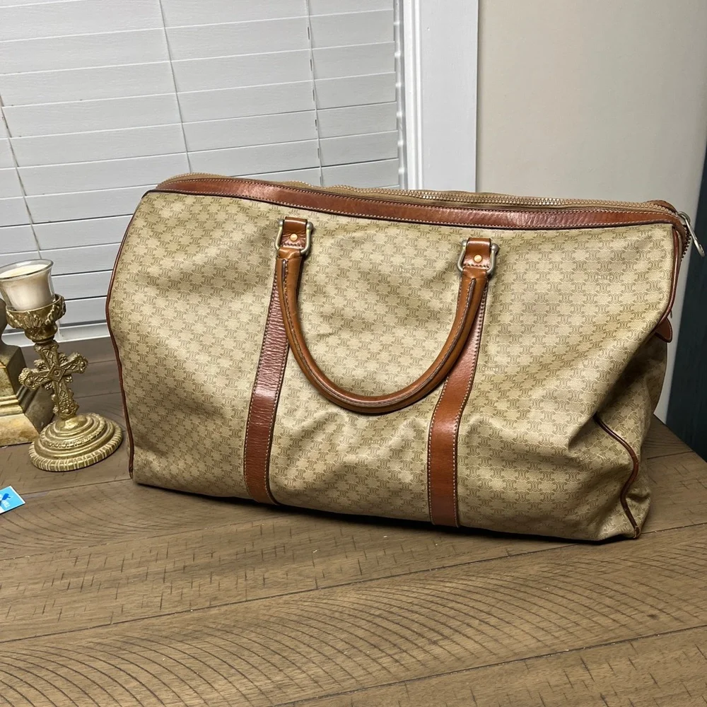 Celine Tan and Brown Duffel Bag, GUC, unisex bag, check pics for rubbed, 19x12”